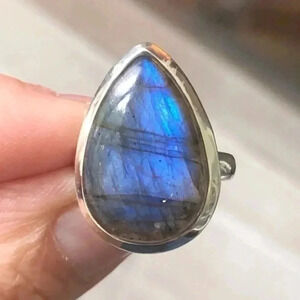 SIZE 5.5 Authentic Labradorite Teardrop Solid 925 Sterling Silver Ring NWT